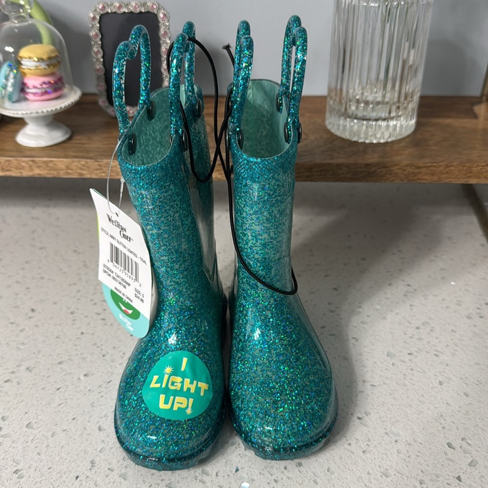 Western Chief Kids' Light-Up Glitter Boots - Teal Size 5